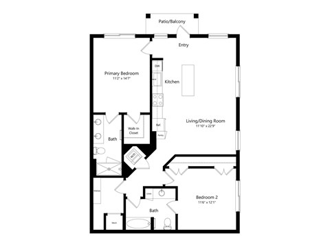Floor plan for 2 beds, 2 baths, 1102 sqft